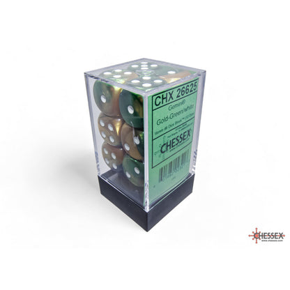 Chessex 26625 Gemini Gold-Green/white 16mm d6 Dice Block 12 dice