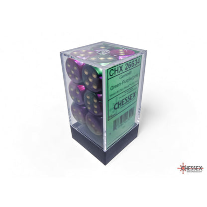 Chessex 26634 Gemini Green-Purple/gold 16mm d6 Dice Block 12 dice