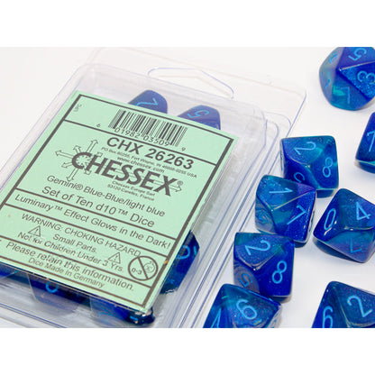 Chessex 26263 Gemini Blue-Blue/light blue Luminary Set of 10 d10s