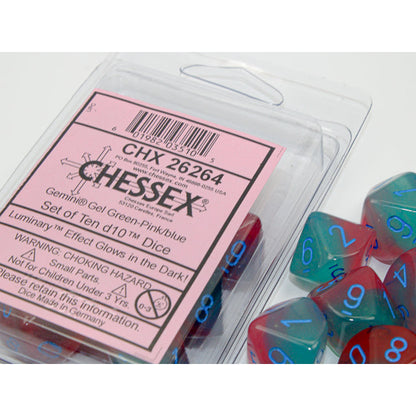 Chessex 26264 Gemini Gel Green-Pink/blue Luminary Set of 10 d10s