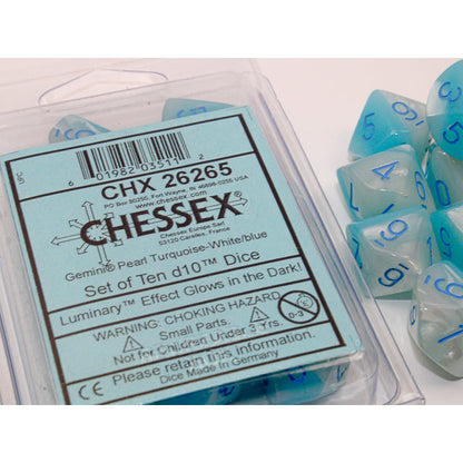 Chessex 26265 Gemini Pearl Turquoise-White/blue Luminary Set of 10 d10s