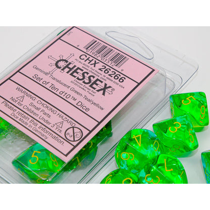 Chessex 26266 Gemini Translucent Green-Teal/yellow Set of 10 d10s