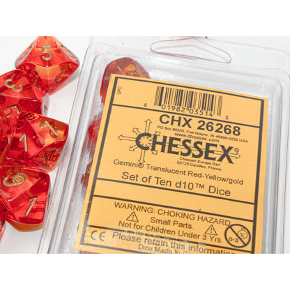 Chessex 26268 Gemini Translucent Red-Yellow/gold Set of 10 d10s