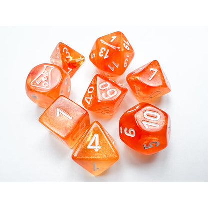 Chessex 30052 Borealis Blood Orange/white Luminary Polyhedral 7-Dice Set with bonus die