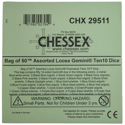 Chessex 29511 Bag of 50 Assorted Loose Gemini Polyhedral Tens 10
