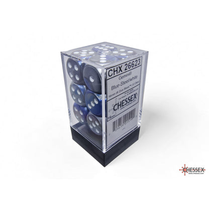 Chessex 26623 Gemini Blue-Steel/white 16mm d6 Dice Block 12 dice