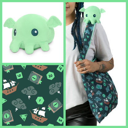 Tee Turtle - Plushie Tote Bag - Dark Green Tabletop Gaming Tote Bag and Mint Cthulhu Plushie