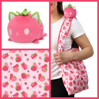 Tee Turtle - Plushie Tote Bag - Pink Strawberry Cats Tote Bag and Pink Strawberry Cat Plushie