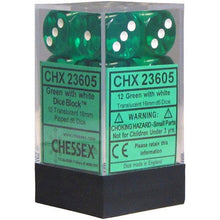 Chessex D6 Translucent 16mm d6 Green/white Dice Block 12 dice
