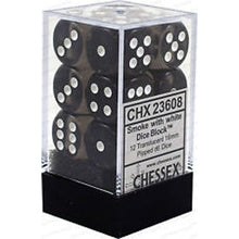 D6 Dice Translucent 16mm Smoke/White 12 Dice in Display