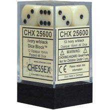 D6 Dice Opaque 16mm Ivory/Black 12 Dice in Display