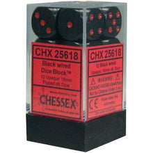 D6 Dice Opaque 16mm Black/Red 12 Dice in Display