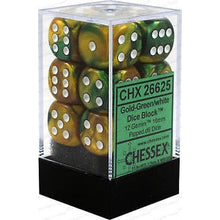 Chessex D6 Gemini 16mm d6 Gold-Green/white Dice Block 12 dice