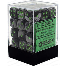 Chessex D6 Gemini 12mm d6 Black-Grey/green Dice Block 36 dice