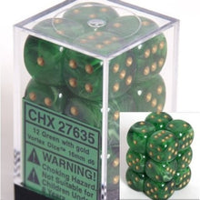 Chessex D6 Vortex 16mm d6 Green/gold Dice Block 12 dice
