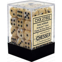 D6 Dice Marble 12mm Ivory/Black 36 Dice in Display