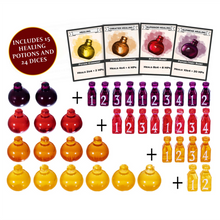 Healing Potion Markers & Dice - Set of 24 Dice & 15 Potions Tokens Game