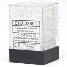 Chessex 23801 Translucent 12mm d6 Clear/White Block 36